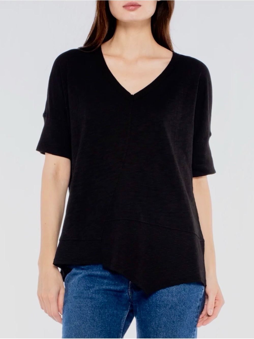 Wilt Black V-Neck Short Sleeve w/ Rib Slanted Hem